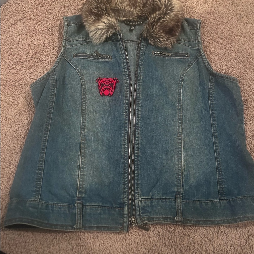 Denim Vest with Faux Fur Collar